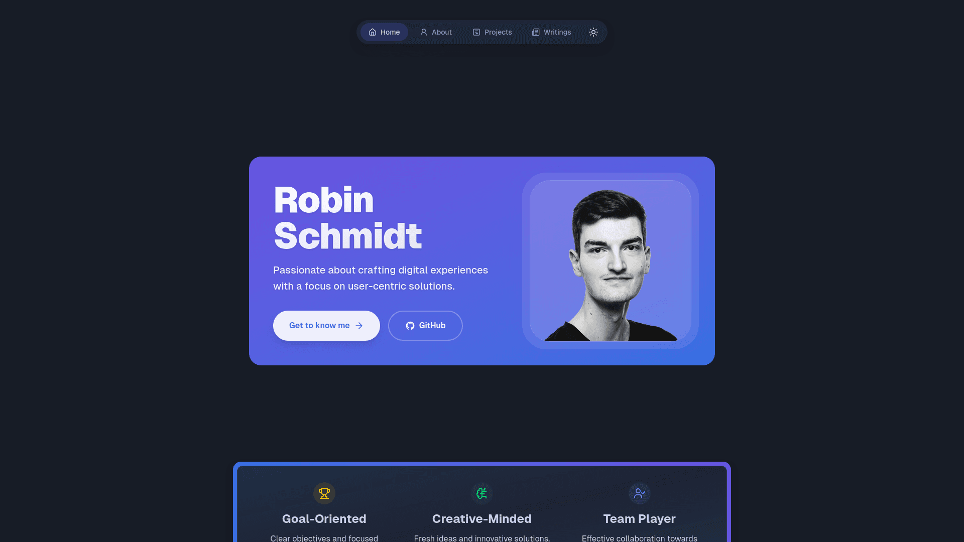 A later gradient hero card, with a rounded portrait and clear calls to action