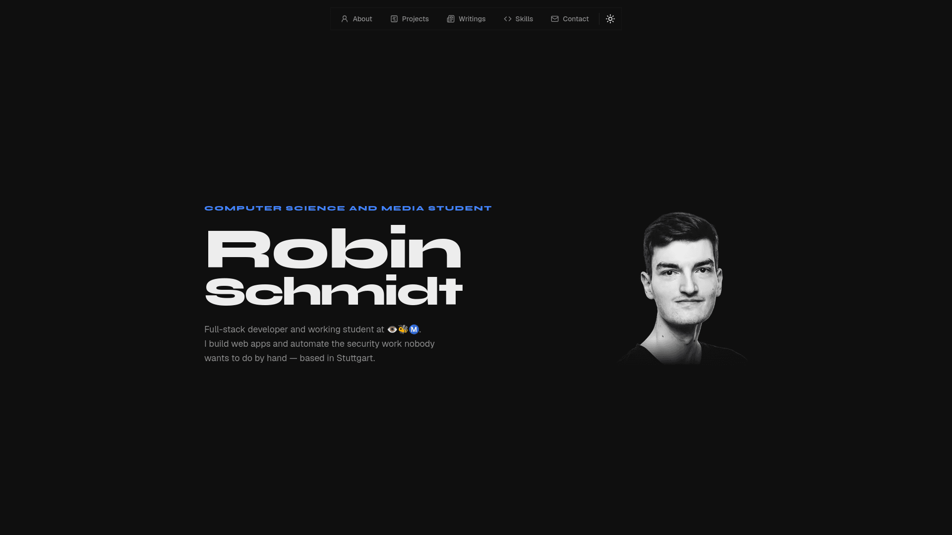 The current version, back to a monochrome layout with a condensed display font and a one-line bio
